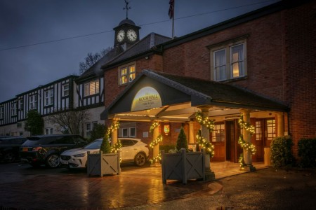 Moor Hall Hotel entrance decorated with Christmas lights